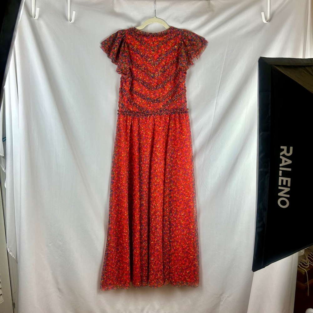 Boden Red Floral Tulle Maxi Dress Ruffle V-Neck Flutter Sleeve US 6 Party Event - Picture 6 of 8